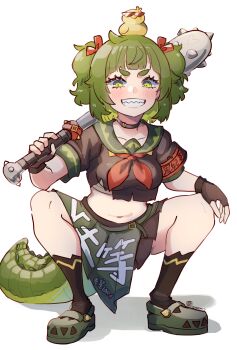 1girl absurdres animal animal_on_head armband artist_name baseball_bat bird black_gloves black_shirt black_skirt clenched_teeth commentary crocodile_girl crocodilian_tail crocs cropped_shirt delinquent duck fingerless_gloves full_body gloves green_eyes green_hair green_sailor_collar grin hair_ribbon highres holding_behind_neck looking_at_viewer mat_(matdesenheiro) navel neckerchief nitya_nil on_head phase_connect pleated_skirt red_armband red_neckerchief red_ribbon ribbon sailor_collar sharp_teeth shirt simple_background skirt smile spiked_bat squatting symbol-only_commentary tail teeth thick_eyebrows thick_tail thighs torn_clothes v-shaped_eyebrows virtual_youtuber white_background