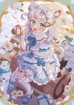 Rule 34 | 1girl, :3, :d, animal ear fluff, animal ears, blue bow, blue bowtie, blue capelet, blue dress, blue eyes, blue shoes, blush, bow, bowtie, capelet, cat ears, cat girl, cat tail, commentary, double-parted bangs, dress, frilled capelet, frilled dress, frills, full body, gift, gloves, hair between eyes, hair bow, highres, holding, holding gift, long hair, looking at viewer, open mouth, original, pantyhose, shoes, short sleeves, sitting, smile, snowman, solo, symbol-only commentary, tail, tsukumi bis, twitter username, white gloves, white hair, white pantyhose, yule log (cake)