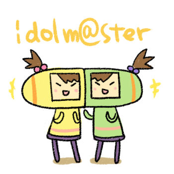 2girls blush_stickers brown_hair chan_co cheek-to-cheek closed_eyes copyright_name full_body futami_ami futami_mami hair_bobbles hair_ornament heads_together idolmaster idolmaster_(classic) idolmaster_1 katamari_damacy multiple_girls namco open_mouth parody siblings side_ponytail simple_background sisters standing twins white_background