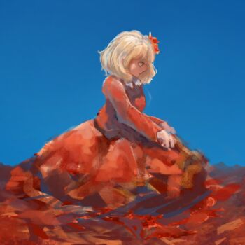 Rule 34 | 1girl, aki shizuha, blonde hair, blue sky, clear sky, commentary, commentary request, day, dress, expressionless, facing ahead, from side, full body, hair ornament, leaf, leaf hair ornament, long sleeves, maple leaf, medium hair, nanaironokabi, on ground, orange dress, outdoors, sitting, sky, solo, touhou