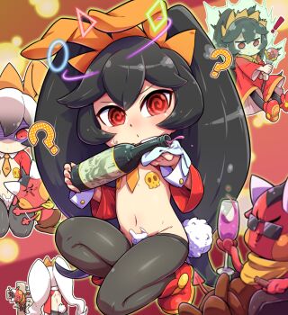 ! 1boy 1girl ? @_@ afterimage alcohol angry animal_ears ashley_(warioware) back black_hair blush blush_stickers bottle champagne champagne_flute cigar circle confused crucifixion cup demon_horns demon_tail detached_collar dress drink drinking_glass fake_animal_ears fake_tail flat_chest full_body glasses hair_between_eyes hairband holding holding_bottle holding_drink holding_wand horns kneeling loli long_hair long_sleeves looking_at_viewer maebari mind_control motion_lines navel necktie nintendo open_mouth orange_hairband orange_necktie pasties playboy_bunny rabbit_ears rabbit_tail red_(warioware) red_dress red_eyes red_footwear reverse_bunnysuit reverse_outfit sequential shaded_face sidelocks sitting smile square stomach sweat tail thighs tokkyuu_mikan triangle twintails very_long_hair wand warioware white_hair wide_sleeves wrist_cuffs