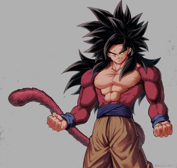 1boy abs arms_at_sides baggy_pants black_hair body_fur clenched_hands dragon_ball dragon_ball_gt dust fingernails frown grey_background highres light_particles long_hair looking_to_the_side male_focus manly mattari_illust monkey monkey_tail no_nipples pants pectorals simple_background smile solo son_goku spiked_hair standing super_saiyan super_saiyan_4 tail twitter_username upper_body wristband yellow_eyes yellow_pants