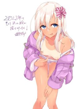 Rule 34 | 1girl, 2023, alakoala, bikini, bikini top pull, blonde hair, bow, breasts, commentary request, dated, downblouse, feet out of frame, frilled bikini, frills, gluteal fold, hair between eyes, hair bow, highres, jacket, kantai collection, leaning forward, licking lips, long hair, long sleeves, looking at viewer, nipples, open clothes, open jacket, pink bow, pink jacket, ro-500 (kancolle), ro-500 (swimsuit) (kancolle), sidelocks, signature, simple background, small breasts, solo, standing, stomach, swimsuit, tan, tanline, thighs, tongue, tongue out, white background, white bikini