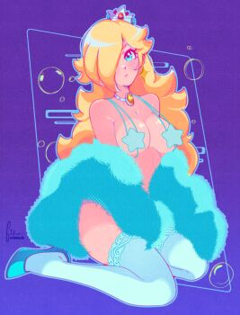 1girl adversarial_noise blonde_hair blue_eyes blue_thighhighs breasts cleavage commentary cresscin crown english_commentary hair_over_one_eye halftone high_heels highres large_breasts long_hair looking_at_viewer mario_(series) nintendo purple_background rosalina simple_background sitting thighhighs yokozuwari