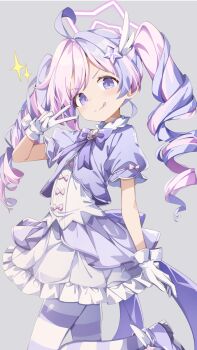 1girl ahoge blue_archive commentary_request gloves halo highres multicolored_hair pantyhose partial_commentary pink_hair purple_eyes purple_hair reisa_(blue_archive) reisa_(magical)_(blue_archive) sabana short_sleeves solo striped_clothes tongue tongue_out twintails white_gloves
