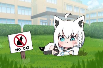 1girl 3d_background :< absurdres ahoge animal_ears aqua_eyes ascot black_shorts blue_ascot blush braid building bush chibi chibi_only day detached_sleeves english_text fox_ears fox_girl fox_tail full_body grass hand_on_own_cheek hand_on_own_face highres hololive kumarang looking_at_viewer lying on_ground on_side outdoors shirakami_fubuki shirakami_fubuki_(1st_costume) shirt shorts sign tail virtual_youtuber white_hair white_shirt