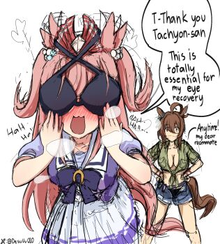 2girls afterimage agnes_digital_(umamusume) agnes_tachyon_(lunatic_lab)_(umamusume) agnes_tachyon_(umamusume) animal_ears bikini bikini_top_on_head black_bikini blindfold blush bow bra bra_on_head bra_over_eyes breasts brown_hair cleavage closed_mouth commentary crazy_eyes denim denim_shorts desuuuu ear_wiggle english_commentary english_text excited female_pervert green_shirt hair_bow hands_on_own_hips highres horse_ears horse_girl horse_tail large_breasts looking_at_another making-of_available motion_lines multiple_girls no_bra nose_blush object_on_head official_alternate_costume open_clothes open_fly open_mouth open_shorts pervert pink_hair purple_sailor_collar purple_shirt red_bow red_eyes sailor_collar school_uniform shirt short_hair short_shorts short_sleeves shorts sketch skirt smile swimsuit tail tied_shirt tracen_school_uniform two_side_up umamusume underwear white_sailor_collar white_skirt wolf_cut yuri