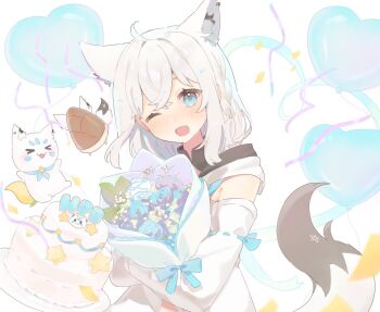>_< 1girl :d ahoge animal_ears ao_kotoha balloon blue_eyes bouquet cake commentary_request confetti detached_sleeves flower food fox_ears fox_girl fox_tail heart_balloon highres holding holding_bouquet hololive long_sleeves looking_at_viewer one_eye_closed open_mouth oruyanke_(shirakami_fubuki) shirakami_fubuki shirakami_fubuki_(1st_costume) smile solo sukonbu_(shirakami_fubuki) tail upper_body virtual_youtuber white_background white_hair