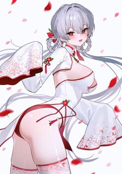 1girl arched_back ass braid braided_hair_rings breasts bright_pupils commission cowboy_shot dress fymrie hair_rings hand_up highres leaning_forward long_hair long_sleeves looking_at_viewer low_twintails medium_breasts mole mole_under_eye open_mouth original panties pelvic_curtain petals red_eyes red_panties second-party_source short_dress shrug_(clothing) simple_background skindentation sleeves_past_fingers sleeves_past_wrists smile solo standing strapless strapless_dress thighhighs thighs twintails twisted_torso underwear very_long_hair white_background white_dress white_hair white_shrug white_thighhighs wide_sleeves