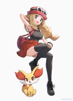 Rule 34 | 1girl, arm behind head, armpits, bag, black shirt, black thighhighs, blonde hair, blue eyes, blush, breasts, commentary request, eyewear on head, eyewear on headwear, fang, fennekin, gen 6 pokemon, gonzarez, hat, highres, invisible chair, large breasts, long hair, looking at viewer, nintendo, open mouth, pink hat, pokemon, pokemon (creature), pokemon xy, red eyes, red hat, red skirt, serena (pokemon), shirt, shoes, sitting, skirt, sleeveless, sleeveless shirt, smile, sunglasses, thighhighs, thighs, white-framed eyewear