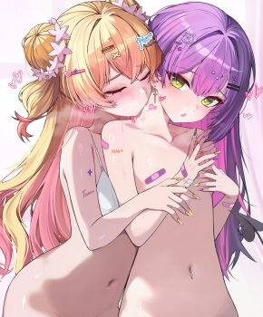 Rule 34 | 2girls, absurdres, bandaid, bandaid on arm, bandaid on wrist, bandaids on nipples, blonde hair, bra, closed eyes, colored inner hair, commentary, cross, cross earrings, demon girl, demon tail, double-parted bangs, double bun, earclip, earrings, english commentary, fingernails, flat chest, flower, gradient hair, green eyes, hair bun, hair flower, hair ornament, heart, heart-shaped pupils, highres, hololive, jewelry, kiss, kissing neck, kkato, long fingernails, long hair, momosuzu nene, multicolored hair, multiple girls, nude, paid reward available, pasties, piercing, pink hair, purple hair, side up bun, streaked hair, symbol-shaped pupils, tail, tail ornament, tail piercing, tokoyami towa, two side up, underwear, virtual youtuber, white bra, yuri