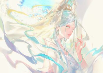 Rule 34 | 1girl, abstract background, absurdres, aqua hair, blue shawl, chinese commentary, collarbone, colored eyelashes, commentary, dress, du ruo (path to nowhere), earrings, eyeshadow, facial hair, facial mark, forehead, forehead jewel, forehead mark, from side, green eyes, guanyin, hair ornament, hairpin, half-closed eyes, headpiece, highres, jade bracelet, jewelry, lips, long hair, lotus hair ornament, makeup, mudra, multiple hairpins, parted bangs, parted lips, path to nowhere, pearl hair ornament, qingci, red eyeshadow, see-through clothes, see-through veil, shawl, solo, upper body, variant set, veil, white dress, white eyelashes