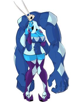 Rule 34 | 1girl, absurdres, bare shoulders, blue diamond (steven universe), blue hair, blue skin, breasts, cerebella (skullgirls), cerebella (skullgirls) (cosplay), cleavage, colored skin, cosplay, dress, duppio, facial tattoo, finger to mouth, full body, highres, horns, knees together feet apart, living clothes, living hair, off-shoulder dress, off shoulder, pointed footwear, pointy footwear, purple footwear, short dress, simple background, skull, skullgirls, standing, steven universe, tattoo, thighhighs, vice-versa (skullgirls), white background, zettai ryouiki
