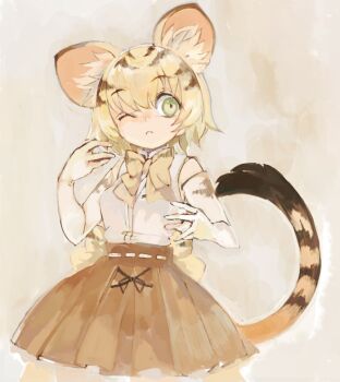 Rule 34 | 1girl, animal ear fluff, animal ears, blonde hair, cat ears, cat girl, cat tail, closed mouth, commentary request, elbow gloves, gloves, green eyes, hair between eyes, hands up, kemono friends, konabetate, multicolored hair, neck ribbon, one eye closed, ribbon, sand cat (kemono friends), shirt, short hair, sideways glance, skirt, sleeveless, sleeveless shirt, solo, tail