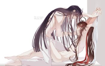 Rule 34 | 2boys, against wall, ahoge, anger vein, arms up, barefoot, bishounen, black hair, blush, bound, bound wrists, brown hair, commentary request, completely nude, couple, from side, hair ribbon, hand in another's hair, hand on another's cheek, hand on another's face, highres, holding another's wrist, kanda faf2, kneeling, lan wangji, long hair, looking at another, male focus, modao zushi, multiple boys, multiple scars, navel, nude, pants, pectorals, ponytail, profile, purple eyes, red eyes, red ribbon, ribbon, ribbon bondage, scar, scar on back, sidelocks, sitting, smile, teasing, topless male, twitter username, very long hair, wei wuxian, white background, white pants, white ribbon, yaoi, yellow eyes