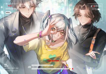 1boy 2girls absurdres arm_behind_back bag bangle black_choker black_shirt bracelet brown_hair chinese_commentary choker closed_mouth coat colored_eyelashes commentary_request crossed_arms family father_and_daughter four-leaf_clover_print ghostblade_(to_be_hero_x) grey_coat grey_eyes grey_hair grin hair_between_eyes hands_in_pockets head_tilt highres jewelry lapels long_sleeves looking_at_viewer medium_hair mother_and_daughter multiple_girls necklace notched_lapels ok_sign ok_sign_over_eye open_clothes open_coat orange_eyes print_shirt shirt short_hair short_sleeves shoulder_bag smile to_be_hero to_be_hero_x two_side_up viewfinder wang_nuonuo yellow_shirt yuyuluochenchaoyexiange zhang_lan