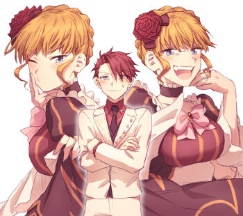 Rule 34 | 1boy, 1girl, beatrice (umineko), black dress, black necktie, blonde hair, blue eyes, bow, breasts, closed mouth, collared shirt, crossed arms, dress, flower, formal clothes, gem, hair flower, hair ornament, highres, hswoimuxk0pwr0h (bbdan), large breasts, looking at viewer, multiple views, necktie, one eye closed, pants, pink bow, red flower, red gemstone, red hair, red rose, red shirt, rose, shirt, sidelocks, simple background, suit, sweatdrop, teeth, umineko no naku koro ni, upper teeth only, ushiromiya battler, white background, white pants, white suit