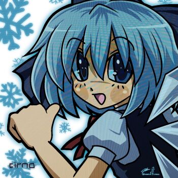 1girl 2000s_(style) :d blue_eyes blue_hair blush bow character_name cirno dated hair_bow ice ice_wings lazaruscross looking_at_viewer open_mouth pointing pointing_at_self signature smile snowflakes touhou white_background wings