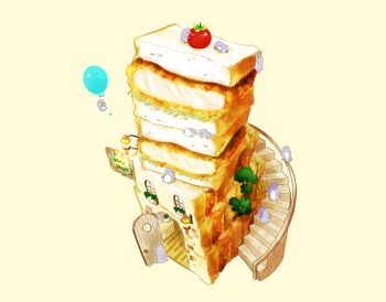 animal balloon bird commentary_request door food food_focus lantern no_humans open_door original penguin sandwich scenery shop sign simple_background stairs surreal tyatorabo yellow_background