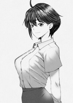 1girl ahoge anna_ayasaki arms_behind_back breasts buttons closed_mouth collared_shirt commentary cowboy_shot double-parted_bangs earrings from_side hair_between_eyes highres jewelry large_breasts looking_at_viewer mole mole_under_eye monochrome original shirt short_hair simple_background skirt smile solo studionice2011 white_background