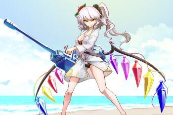 1girl absurdres alternate_costume alternate_hair_color beach bikini bikini_under_clothes black_bikini breasts cleavage closed_mouth cloud collared_shirt commentary commission crystal crystal_wings day flandre_scarlet flandre_scarlet_(vampire_pursuing_the_hunter's_vacation) flandre_scarlet_(vampire_pursuing_the_hunter) fleur-de-lis flower gun hair_flower hair_ornament hair_scrunchie hibiscus highres holding holding_gun holding_weapon kikoka_(mizuumi) large_breasts long_hair long_sleeves looking_at_viewer multicolored_wings o-ring o-ring_bikini ocean one_side_up partially_unbuttoned pixiv_commission purple_hair red_eyes red_flower sand scrunchie shirt smile solo swimsuit touhou touhou_lostword weapon white_shirt wings