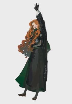 Rule 34 | 1girl, black robe, black skirt, black thighhighs, blue eyes, book, brown shoes, full body, green scarf, gynger edventray (hiiragimare), highres, hiiragimare, hogwarts legacy, hogwarts school uniform, holding, holding book, long hair, mary janes, open mouth, original, red hair, robe, scarf, school uniform, shoes, simple background, sketch, skirt, slytherin, smile, solo, thighhighs, waving arm, white background, wizarding world