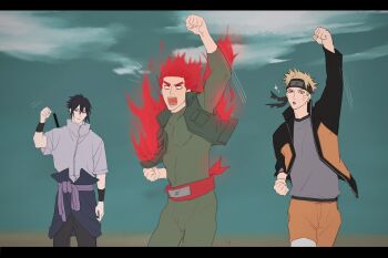 Rule 34 | 3boys, black hair, blonde hair, bodysuit, commentary request, fire, flak jacket, forehead protector, green bodysuit, green jacket, hand up, highres, jacket, konohagakure shinobi uniform, konohagakure symbol, lol lexy, male focus, might guy, multiple boys, naruto (series), naruto shippuuden, ninja, transformation, uchiha sasuke, uzumaki naruto