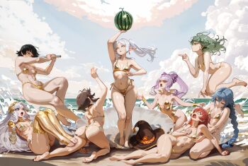6+girls alternate_breast_size_(smaller) ass barefoot bikini black_hair blue_hair blue_sky breasts brown_hair character_request clam_shell commentary crab elf fate/strange_fake fate_(series) feet floating food francesca_prelati_(fate) frieren fruit fubuki_(one-punch_man) gold_bikini gold_thighhighs green_hair hat highres holding holding_food holding_fruit kinohara_kossuta kita_ikuyo kono_subarashii_sekai_ni_shukufuku_wo! very_long_braid megumin multiple_girls mushoku_tensei ocean one-punch_man open_mouth pointy_ears purple_hair red_hair roxy_migurdia shalltear_bloodfallen sky small_breasts soles sousou_no_frieren swimsuit tatsumaki thighhighs thighs toes twintails watermelon white_hair witch_hat