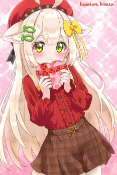 Rule 34 | 1girl, ahoge, animal ears, artist name, beret, blonde hair, blush, bow, box, brown skirt, cat ears, cat girl, cat tail, closed mouth, commentary request, fish hair ornament, green eyes, hair bow, hair ornament, hairclip, hat, hazakura hinata, heart-shaped box, heterochromia, highres, holding, kurumi (hazakura hinata), long hair, long sleeves, looking at viewer, original, plaid clothes, plaid skirt, pleated skirt, shirt, shirt tucked in, sidelocks, skirt, smile, solo, tail, valentine, yellow bow, yellow eyes