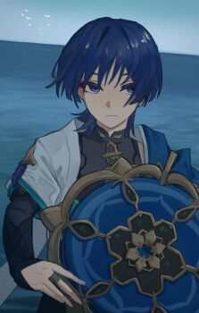 Rule 34 | 1boy, armor, bird, black bodysuit, black bridal gauntlets, blue cape, blue hair, blue hat, blue sky, blue sleeves, blunt ends, bodysuit, bridal gauntlets, bright pupils, cape, clear sky, closed mouth, constricted pupils, eyeliner, eyeshadow, fingernails, flock, genshin impact, gold, gold ring, hair intakes, hat, highres, holding, holding unworn clothes, holding unworn hat, japanese armor, japanese clothes, jingasa, kimono, kote, kurokote, layered sleeves, looking at viewer, makeup, male focus, mandala, mandarin collar, middle ring, nonoji (nonoji ekaki), ocean, open clothes, open kimono, purple eyes, purple rope, red eyeliner, red eyeshadow, rope, scaramouche (genshin impact), short sleeves, shoulder peek, sky, solo, unworn hat, unworn headwear, upper body, wanderer (genshin impact), white kimono, white pupils, white sleeves