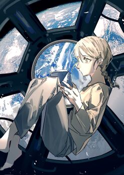 1girl barefoot blonde_hair book braid chi.:_chikyuu_no_undou_ni_tsuite floating full_body grey_pants grey_shirt hair_between_eyes highres holding holding_book jolenta k_morghania medium_hair pants reading shirt single_braid solo space space_station yellow_eyes