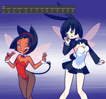 10s 2016 2girls anabeu_(ryuhi) animal_ears apron august black_bow black_bowtie black_hair black_skirt blue_background blush bow bowtie breasts brown_pantyhose calendar cat_ears cat_girl cat_tail cleavage dark_skin detached_collar drantyno fairy_wings female_focus green_eyes hairband highleg highleg_leotard highres index_finger_raised leotard loli long_hair long_sleeves looking_at_viewer looking_to_the_side maid maid_apron medium_breasts multiple_girls neyome_(drantyno) open_mouth pantyhose playboy_bunny puffy_sleeves rabbit_ears rabbit_girl rabbit_tail red_bow red_bowtie red_leotard short_hair shrug_(clothing) skirt small_breasts smile standing tail teeth v white_apron white_pantyhose wings wrist_cuffs yellow_eyes