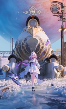 1girl astral_express_(honkai:_star_rail) black_gloves black_shoes black_tiara castorice_(honkai:_star_rail) chinese_commentary commentary_request dress flower_ornament gloves hair_ornament highres holding holding_scythe honkai:_star_rail honkai_(series) long_hair outdoors purple_eyes purple_hair scythe shoes solo thigh_strap tiara train void_0 white_dress