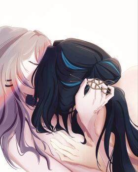 2girls black_hair closed_eyes commentary grey_hair herta_(honkai:_star_rail) highres hlltllh honkai:_star_rail honkai_(series) implied_kiss long_hair multiple_girls nude ruan_mei_(honkai:_star_rail) simple_background the_herta_(honkai:_star_rail) upper_body white_background yuri