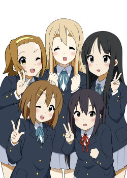 5girls absurdres akiyama_mio artist_request black_eyes black_hair blonde_hair blush brown_eyes brown_hair bushy_eyebrows closed_eyes dot_nose female_focus forehead hair_between_eyes hair_ornament hairclip headband highres hirasawa_yui jacket k-on! kotobuki_tsumugi legs long_hair looking_at_viewer multiple_girls nakano_azusa one_eye_closed open_mouth ribbon sakuragaoka_high_school_uniform school_uniform shirt short_hair simple_background skirt source_request standing tainaka_ritsu teeth thick_eyebrows twintails white_background white_shirt yellow_headband