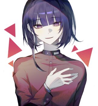 1boy buttons chinese_commentary colored_inner_hair commentary_request earclip eyelashes gakuran hair_between_eyes hand_on_own_chest highres jacket long_sleeves looking_at_viewer male_focus multicolored_hair open_mouth purple_eyes purple_hair rafag red_jacket school_uniform short_hair_with_long_locks smile solo the_hundred_line_-last_defense_academy- triangle tsukumo_ima two-tone_hair upper_body variant_set white_background white_hair