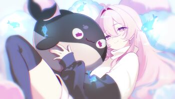 1111_spade 1girl 6+others :3 =_= absurdres antenna_hair black_sleeves blurry_edges closed_eyes commentary cotton_candy english_commentary glowing hair_between_eyes half-closed_eyes highres holding holding_stuffed_toy knee_up long_hair looking_at_viewer multiple_others mumble_(shachimu) orca original oversized_sweater pink_eyes pink_hair reclining sidelocks sleeves_past_wrists smile stuffed_animal stuffed_toy stuffed_whale sweater thighhighs turtleneck two-tone_sweater very_long_hair white_sweater