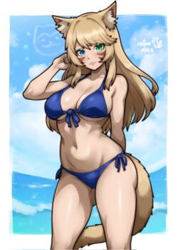 1girl :3 animal_ears arm_behind_back artist_name bare_arms bare_shoulders bikini blonde_hair blue_bikini blue_eyes blue_sky breasts cat_ears cat_girl cleavage cloud cloudy_sky commentary commission cowboy_shot english_commentary freckles front-tie_bikini_top front-tie_top gluteal_fold green_eyes hand_up heterochromia highres ko-fi_commission large_breasts long_hair looking_at_viewer navel ocean original rotomdocs side-tie_bikini_bottom signature sky solo stomach swimsuit tail