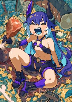 1girl belt black_shoes blue_hair bone boned_meat book bracelet chain closed_eyes coin cuffs dragon_girl eating elbow_gloves flat_chest food food_on_face gem gloves gold_coin greentanuki halterneck highres holding holding_food horn_ornament horns jewelry light_blue_hair meat multicolored_hair necklace o-ring original pearl_necklace planted planted_sword planted_weapon pointy_ears severed_tail shackles sharp_teeth shield shoes silver_(metal) single_glove single_sock sitting socks solo sword teeth treasure weapon