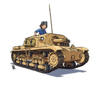 1girl arm_support armored_vehicle army bad_tag blue_shirt brown_hair cannon copyright_request garrison_cap grin hat highres holding italian_army italian_clothes italy jerry_can looking_to_the_side military military_hat military_uniform military_vehicle motor_vehicle non-web_source open_collar ostwindprojekt popped_collar self-propelled_gun semovente_75/18 shirt short_hair sleeves_rolled_up smile solo source_request tan tank white_background world_war_ii yellow_eyes