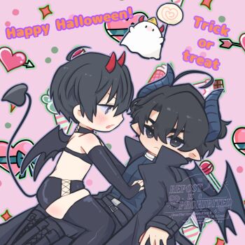 2boys :o bat_wings belt biyoo_(omniscient_reader&#039;s_viewpoint) black_coat black_eyes black_gloves black_hair black_shirt black_thighhighs black_wings boots boy_on_top coat commentary crossdressing crossdressing_(mtf) curled_horns demon_horns demon_tail double-parted_bangs elbow_gloves english_text fingerless_gloves gloves hair_between_eyes hand_on_another&#039;s_chest happy_halloween highres horns kim_dokja kimidori_22 looking_at_another looking_at_viewer male_focus multiple_boys omniscient_reader&#039;s_viewpoint open_clothes open_coat pointy_ears popped_collar shirt short_hair sitting_on_another&#039;s_knee sports_bra symbol-only_commentary tail thighhighs wings yoo_joonghyuk zettai_ryouiki