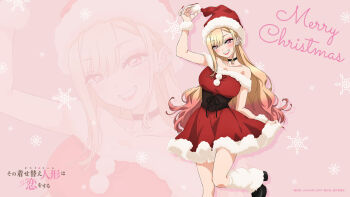 1girl bare_shoulders blonde_hair breasts christmas collarbone commentary_request dress gradient_hair hat highres kitagawa_marin large_breasts long_hair merry_christmas multicolored_hair official_art pink_hair red_dress red_eyes red_hat santa_costume santa_dress santa_hat solo_focus sono_bisque_doll_wa_koi_wo_suru standing standing_on_one_leg strapless strapless_dress two-tone_hair zoom_layer
