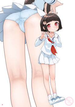 1girl absurdres ass hair_ornament heart heart_hands highres loli multiple_views nao_suke original panties pleated_skirt red_eyes school_uniform serafuku shirt shoes short_hair skirt smile socks underwear white_shirt white_skirt