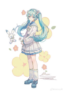 1girl absurdres ankle_socks aqua_hair back_bow blue_eyes blue_shirt blue_shoes bow bowtie brooch chinese_commentary closed_mouth commentary_request cross-laced_shoes daisy_(flower) dated eyelashes floral_background floral_print flower flower_brooch frilled_skirt frills full_body grey_bow hair_between_eyes hair_bow hair_flower hair_intakes hair_ornament hairclip happy hatsune_miku highres holding holding_flower jewelry layered_shirt leaf light_blush long_hair long_sleeves looking_at_viewer memory_mie miniskirt pleated_skirt puffy_long_sleeves puffy_sleeves rabbit rabbit_yukine red_flower sailor_collar school_uniform serafuku shirt shoes signature skirt skirt_set smile socks solo standing striped_bow turtleneck turtleneck_shirt twintails vocaloid watermark weibo_watermark white_background white_bow white_bowtie white_flower white_sailor_collar white_serafuku white_shirt white_skirt white_socks yellow_flower
