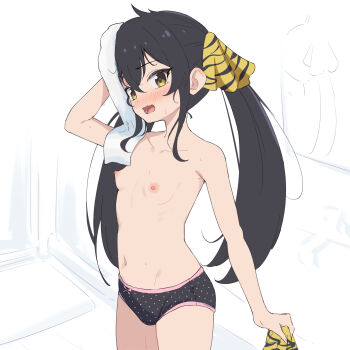 1girl absurdres black_hair black_panties blush bow bow_panties breasts collarbone commentary cowboy_shot drying drying_hair drying_own_hair highres holding holding_towel idolmaster idolmaster_cinderella_girls long_hair looking_at_viewer matoba_risa miso_(misomiso_154) navel nipples no_pants open_mouth panties polka_dot polka_dot_panties small_breasts solo topless_female towel twintails underwear underwear_only yellow_eyes