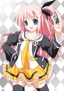 Rule 34 | 00s, 1girl, ahoge, blue eyes, card, checkered background, female focus, flat chest, hair ribbon, highres, holding, holding card, michi (weiss survive), mycstea, necktie, open mouth, pink hair, ribbon, school uniform, skirt, smile, solo, thighhighs, weib schwarz, weib survive, weib survive r, weiss schwarz, weiss survive, weiss survive r, zettai ryouiki