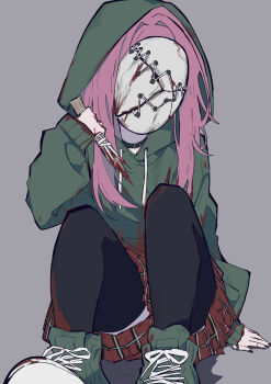 1girl absurdres black_choker black_nails black_thighhighs blood choker commentary dead_by_daylight english_text green_hoodie green_shoes hatsutahaku highres holding holding_knife hood hood_up hoodie knife mask on_ground pantyhose pink_hair pleated_skirt red_skirt shoes simple_background skirt solo susie_lavoie the_legion_(dead_by_daylight) thighhighs
