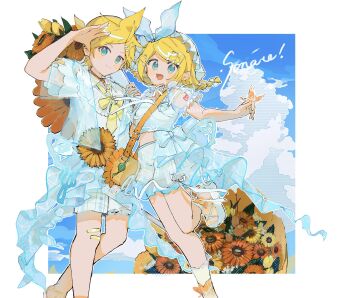 Rule 34 | 1boy, 1girl, absurdres, aqua eyes, arm up, bandaid, bandaid on knee, bandaid on leg, bare legs, beamed eighth notes, blonde hair, blue sky, bouquet, braid, breasts, brother and sister, cloud, collar, commentary request, crop top, eighth note, flower, flower-shaped bag, fortissimo, frilled collar, frilled sleeves, frills, hair ornament, hair ribbon, hairclip, hat, highres, holding, holding bouquet, jacket, kagamine len, kagamine rin, leg up, medium hair, midriff, mob cap, musical note, musical note hair ornament, number tattoo, open mouth, over shoulder, plaid clothes, plaid shorts, plaid skirt, quarter note, ribbon, sandals, see-through clothes, see-through jacket, see-through sleeves, shirt, short braid, shorts, shoulder tattoo, siblings, skirt, sky, small breasts, smile, spiked hair, sunflower, swept bangs, tattoo, twin braids, twins, vocaloid, white hat, white shirt, white shorts, white skirt, yonikki
