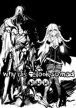 absurdres azrael_(grand_assassin)_(fate) barefoot bow braid chain closed_eyes commentary_request crying earrings emoji fate/grand_order fate_(series) hair_bow highres holding holding_sword holding_weapon jewelry long_hair meme olga_marie_animusphere olga_marie_animusphere_(unbeast) open_mouth pontarou4321 shaded_face skull sword tall_male very_long_hair weapon why_dis_ninja_look_so_mad_(meme)