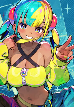 1girl aqua_hair aqua_nails aqua_pants bandeau black_hair blonde_hair blue_eyes blush breasts canari_(pokemon) cleavage clenched_teeth collarbone dark-skinned_female dark_skin fingernails grin highres jacket large_breasts looking_at_viewer mask mask_pull mouth_mask multicolored_hair multicolored_nails nail_polish navel nintendo onono_imoko pants pokemon pokemon_legends:_z-a sitting smile solo teeth twintails two-tone_pants v yellow_bandeau yellow_jacket yellow_nails